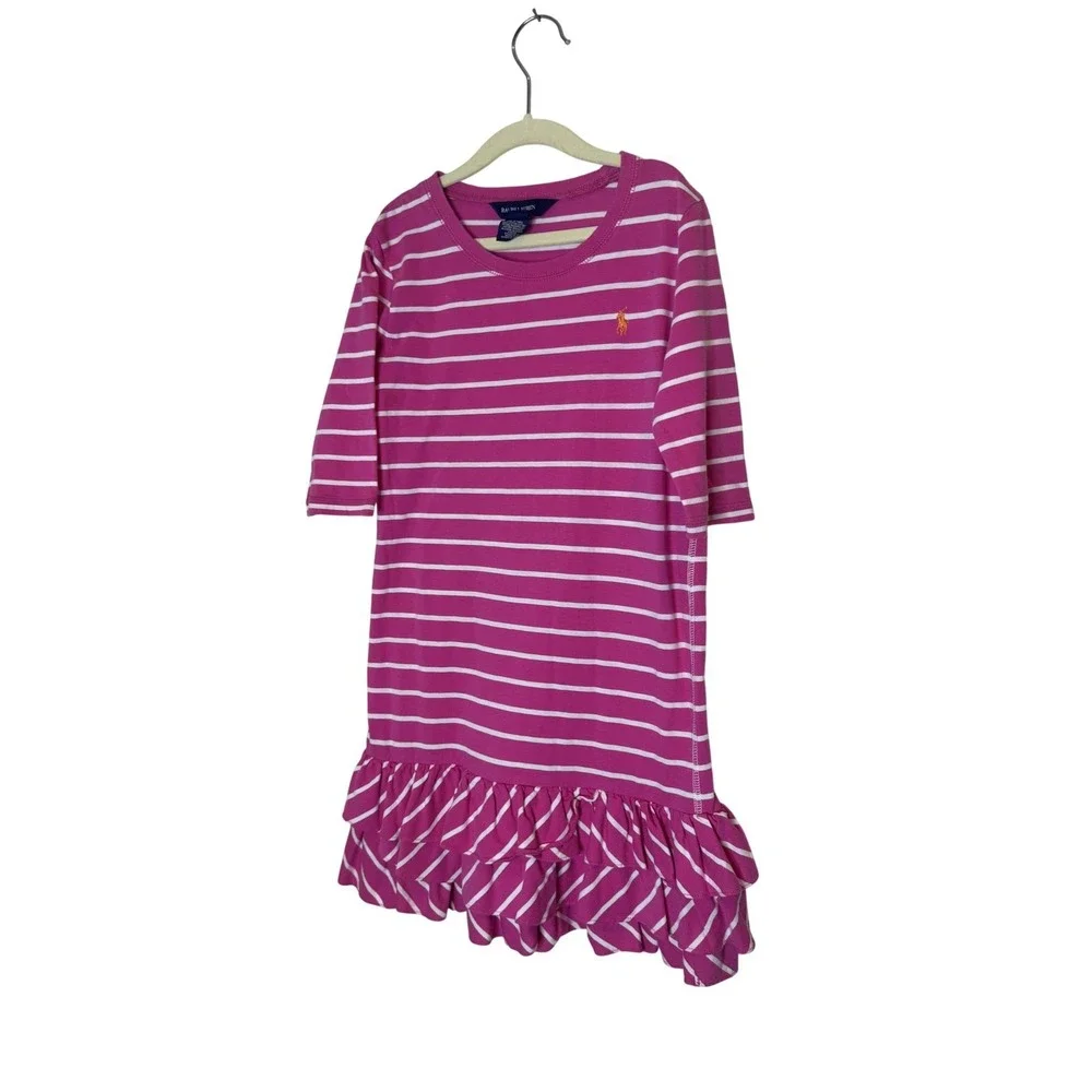 Ralph Lauren Dress Girls 8-10 Pink Stripe Half Sleeve Ruffle Hem T-Shirt‎ Jersey
